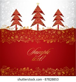 Red Christmas template with swirly tree. Christmas Cards.