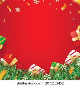 Red Christmas Theme Background with Fir Leaves, Snow, Confetti and Gift Boxes for Sign, Message, Card Vector Illustration