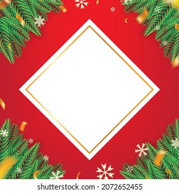 Red Christmas Theme Background with Fir Leaves, Snow, Confetti and Balls for Sign, Message, Card Vector Illustration