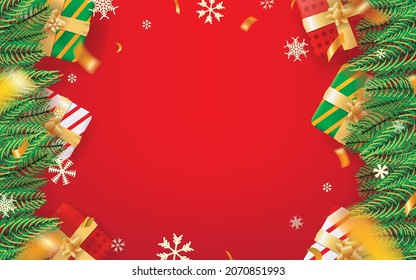 Red Christmas Theme Background for Sign, Message, Card, Event, and Celebration. Fir Leaves, Snow, Confetti, and Gift Boxes on Red Background Vectors Illustration Design Design.