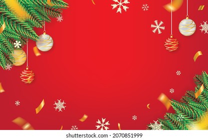 Fondo del tema de Navidad roja para firmar, mensaje, tarjeta, evento y celebración. Hojas de flores, Nieve, Confetti y bolas de Navidad en vectores de fondo rojo Diseño de ilustración.
