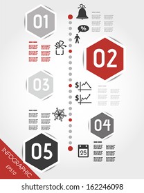 red christmas timeline with hexagonal icons. infographic concept.