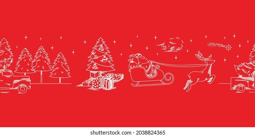 Red Christmas toile de Jouy border repeat fabric print background. Monochrome seamless print background design. Vector illustration. Surface pattern design. Great for home decor and retro sewing