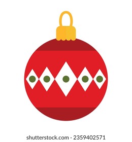 Red Christmas toy vector. Red glass ball patterned with diamonds and dots. Multicolored flat vector icon representing celebration concept isolated on white background