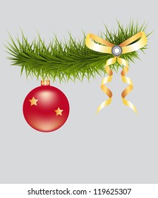 Red christmas- tree ball on branch, isolated on grey, vector illustration
