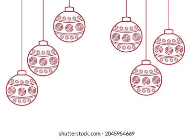 Ilustración vectorial plana de las bolas de árbol de navidad roja con ornamento de círculos. Juguetes de árbol de Año Nuevo. Bolas de navidad rojas colgando.