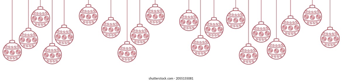 Red Christmas tree balls flat vector illustration with circles ornament. New Year tree toys. Red christmas balls hanging. Web page header christmas decoration.