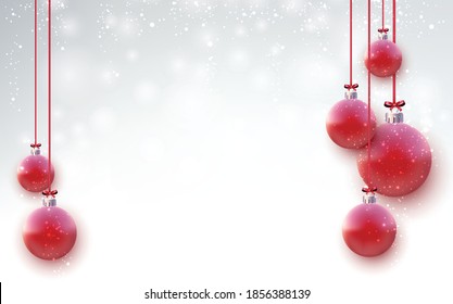 Red christmas tree balls hanging red ribbons with bow over snowy background. Vector holiday illustration.