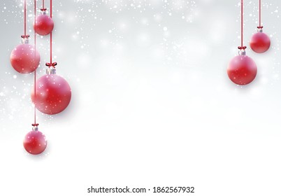 Red christmas tree balls hanging red ribbons with bow over snowy background. Vector holiday illustration.