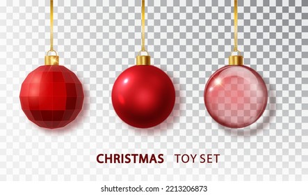 Red Christmas tree balls set with isolated on transparent background. Realistic hanging red christmas balls. Xmas holiday celebration decor