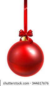 A red Christmas tree bauble decoration ornament with a red ribbon bow