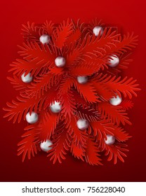 Red Christmas tree branches with Holidays balls and pink thin frame on red background. Happy New year background for invitation, poster, card or leaflet. Vector illustration. Paper art cut out design.