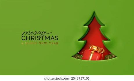 Recorte rojo del árbol de Navidad con el fondo de papel verde con la caja de regalo roja realista 3d y el arco del oro. Diseño minimalista festivo y feliz año Nuevo. Ilustración vectorial