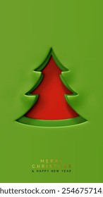 Red Christmas tree cutout with a green paper background and minimalist design. Merry Christmas and Happy New Year festive banner and poster. Xmas greeting card. vector illustration