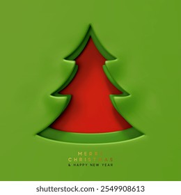 Roter Weihnachtsbaumausschnitt mit grünem Papierhintergrund und minimalistischem Design. Fröhliche Weihnachten und Frohes Neues Jahr festliche Banner und Poster. Weihnachtsgrußkarte. Vektorgrafik