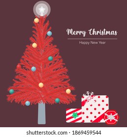 Árbol de Navidad rojo decorado con estrellas y bolas de colores por todo el principio. Caja de regalo roja