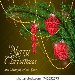 Red Christmas tree decorations on a gold background. Merry Christmas and Happy New Year. 