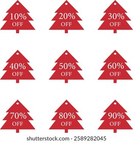 Red Christmas Tree discount ceny 10%, 20%, 25%, 30%, 40%, 50%, 60%, 70%, 80%, 90% Promotion sticker badge set for shopping, marketing and advertisement clearance sale, Save money.