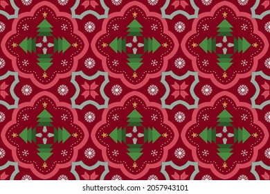 red Christmas tree floral snow vintage Moroccan ethnic geometric oriental seamless traditional pattern. design for background, carpet, wallpaper backdrop, clothing, wrapping, batik, fabric. vector.