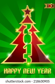 Red Christmas tree in gold on abstract green background