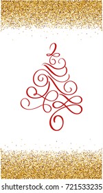 Red Christmas Tree. Golden frame up and down. Hand drawn holiday Calligraphy Vector illustration EPS10