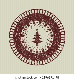 Red christmas tree icon inside rubber stamp