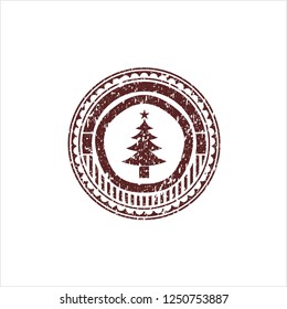 Red christmas tree icon inside rubber stamp
