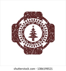 Red christmas tree icon inside distress rubber stamp with grunge texture