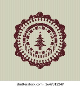 Red christmas tree icon inside distressed rubber grunge seal