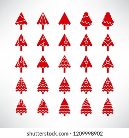 red Christmas tree icons set for decoration card design