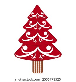 Red Christmas tree isolated on transparent background, Xmas decorations, Happy New Year, PNG vector illustration.