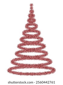 Red Christmas tree. Tree made of fluffy tinsel. Color vector illustration. Isolated white background. Festive fir for the new year. Idea for web design.