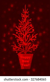 Red christmas tree on abstract background with snowflakes. Vector illustration.