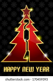 Red Christmas tree on black background with snowflakes
