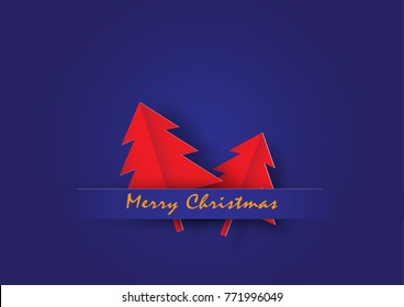Red Christmas tree on blue background, vector illustration 3d paper art style