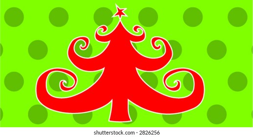 Red Christmas Tree on Green Polka Dot Background