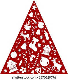 Árbol de Navidad rojo sobre fondo blanco, tarjeta de saludo con símbolos y elementos de invierno, formado en forma de árbol abstracto. Ilustración vectorial.