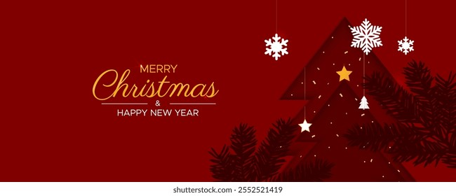Red christmas tree in paper cut style with snowflake on a red background. Merry Christmas and Happy New Year banner.
