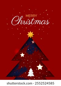 Árvore de Natal vermelha no estilo de corte de papel com ramo de abeto azul no fundo vermelho. Feliz Natal e cartão de feliz ano novo.