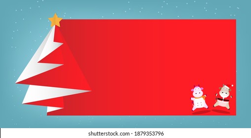 Red Christmas tree paper fold with cow and ox isolated on background, Flat illustration vector for Christmas and New Year decorations.