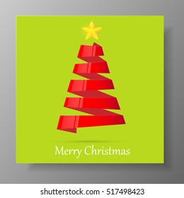 Red Christmas tree from ribbon with yellow star. Vector illustration.