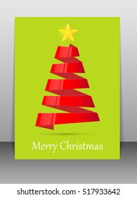 Red Christmas tree from ribbon with yellow star. Greeting card. Vector illustration
