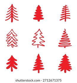 Red Christmas Tree Silhouette Vector Set Holiday Icon Design Collection