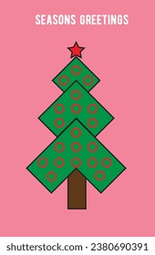A red Christmas tree with a star on top, lit up with colorful lights, stands in front of a pink background. For Christmas designs