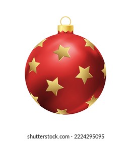 Red Christmas tree toy with golden stars Realistic color illustration