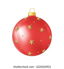 Red Christmas tree toy with golden stars Realistic color illustration