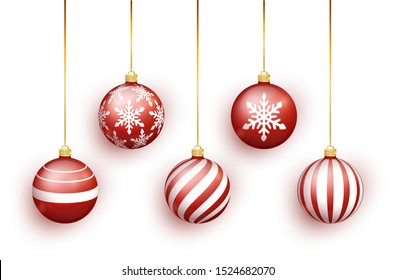 Red Christmas tree toy set isolated on white background. Stocking Christmas decorations. Vector object for christmas design, mockup. Vector realistic object Illustration