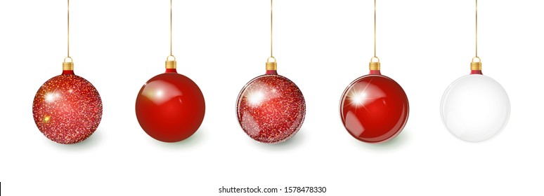 Red Christmas tree toy set isolated on a transparent background. Stocking Christmas decorations. Vector object for christmas design, mockup. Vector realistic object Illustration 10 EPS