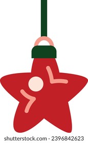 Juguete rojo de árbol de Navidad en forma de estrella cuelga en cinta verde. Elemento de diseño plano verde rojo. Icono de fiesta de arte pop. elemento de evento de Navidad. Icono de vector plano simple aislado en fondo blanco