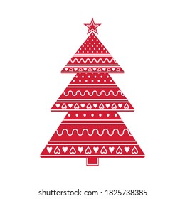 Red Christmas tree with white ornament and star, vector isolated illustration in flat style, stencil, icon, icon, decor, banner, decoration, clipart